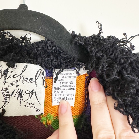 Michael Simon Rainbow Patchwork Cardigan Sweater Fuzzy Collar Small - Picture 5 of 6